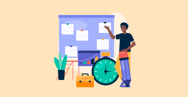 A person pointing at a board that has instructions