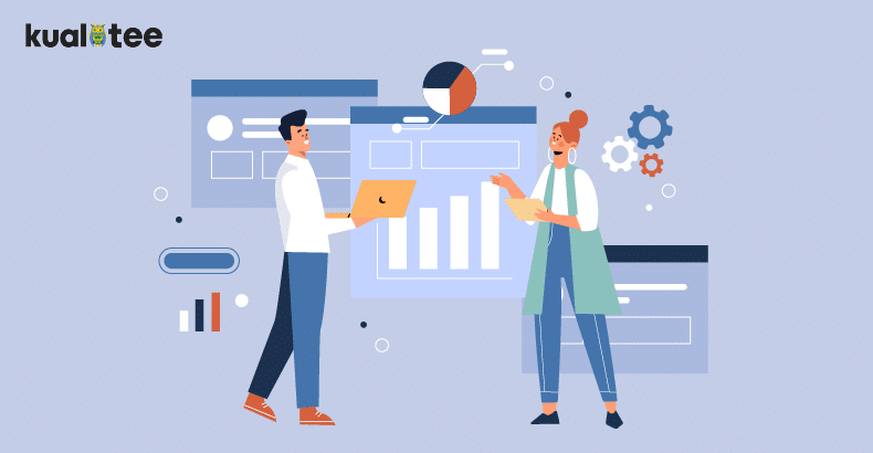 Two people looking at their workflow process