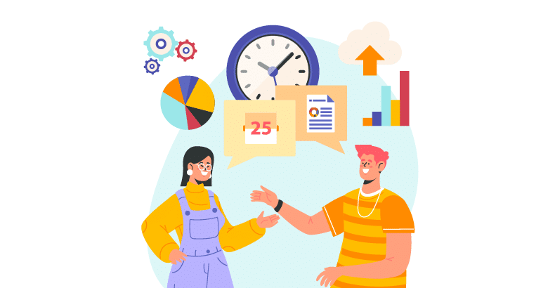 Two people discussing reasons to use a defect management tool.