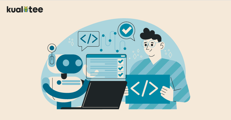 A person and a robot analyzing APIs.