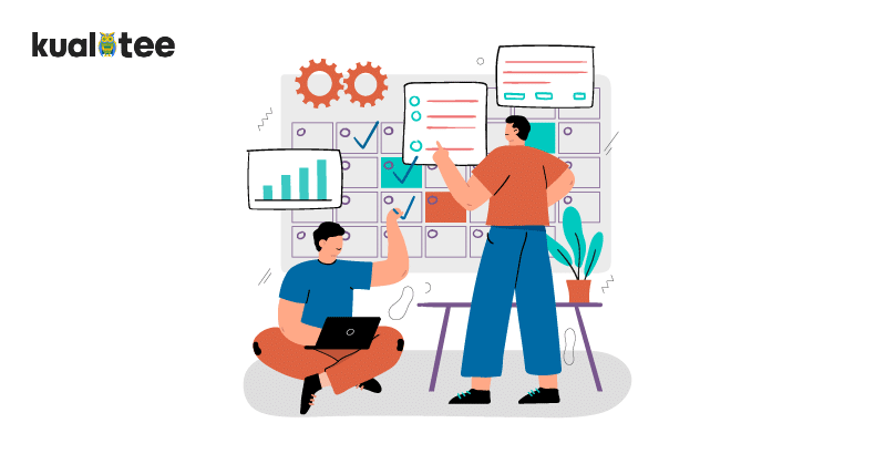 Two people taking a look at requirements and trying to manage them.